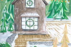 Winter-cottage-Gouache-and-color-pencil-with-simmering-gold-poster-color