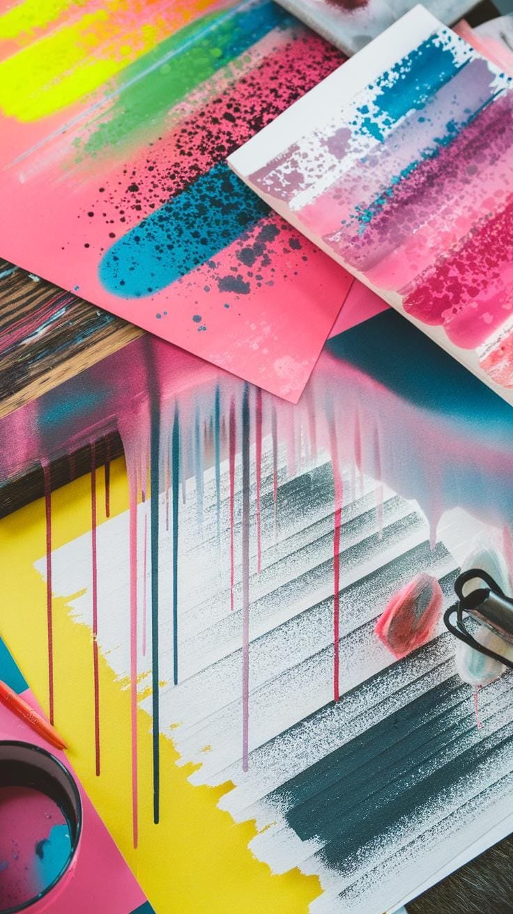 A close-up view of several canvases and papers covered in vibrant, abstract paint strokes and drips, featuring neon pink, bright yellow, and turquoise