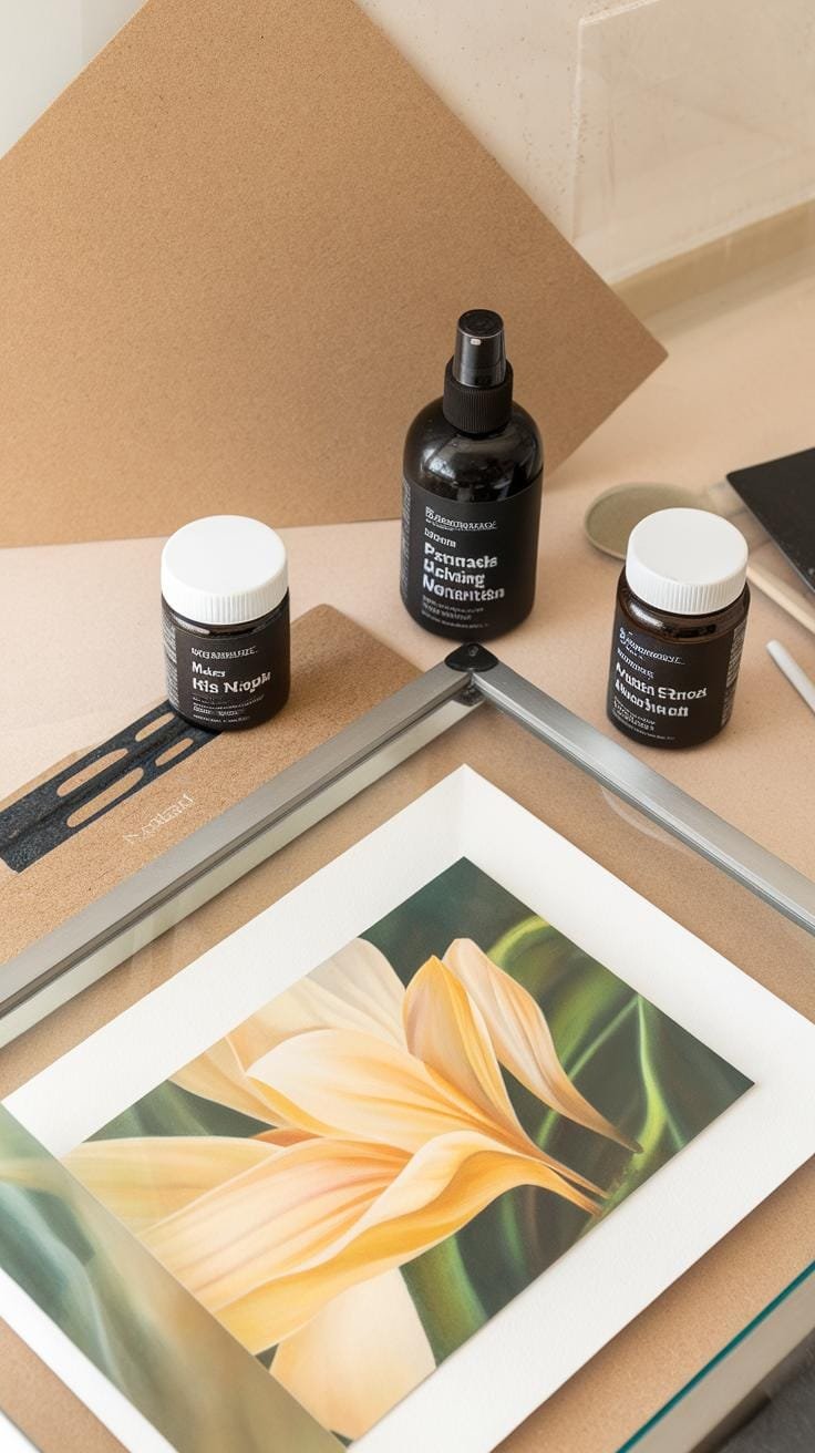Various craft supplies for framing and preserving art are arranged on a light brown surface, including an open silver picture frame with a floral prin