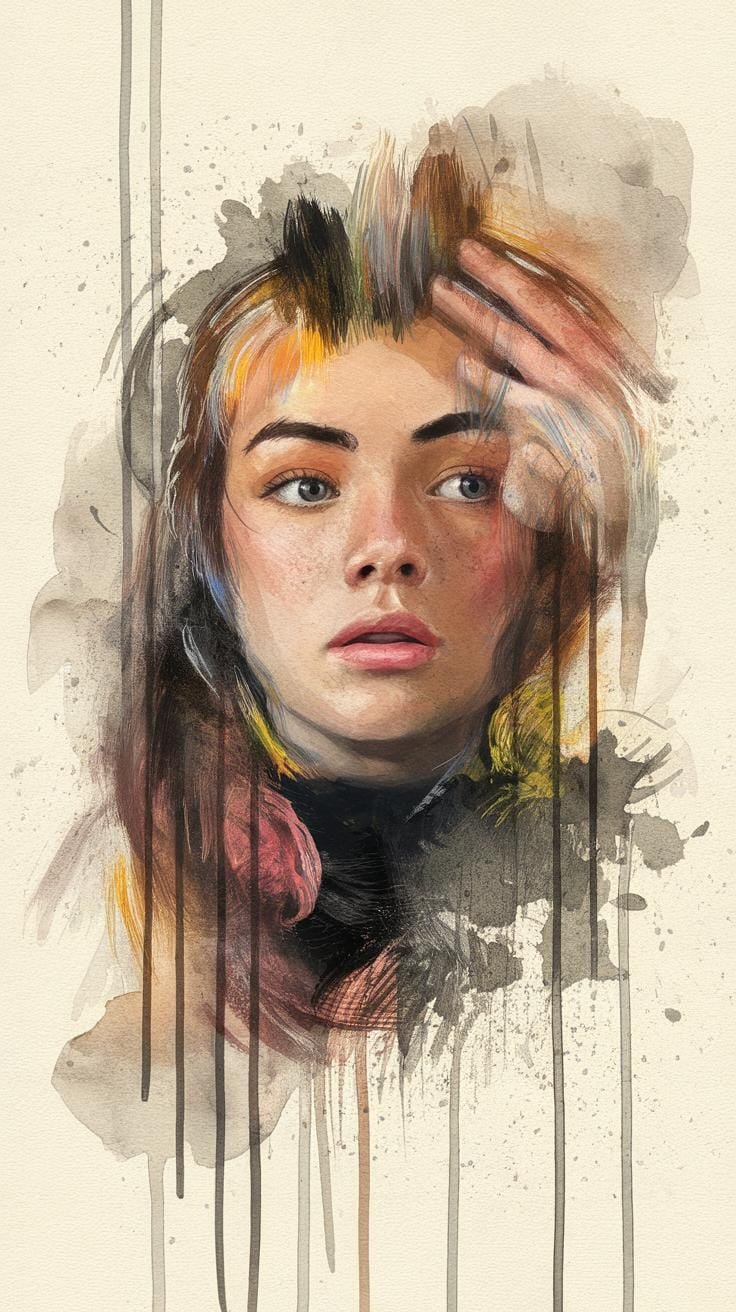 A stylized watercolor portrait depicts a young woman with a hand in her hair, looking thoughtfully to the right, surrounded by abstract splatters and