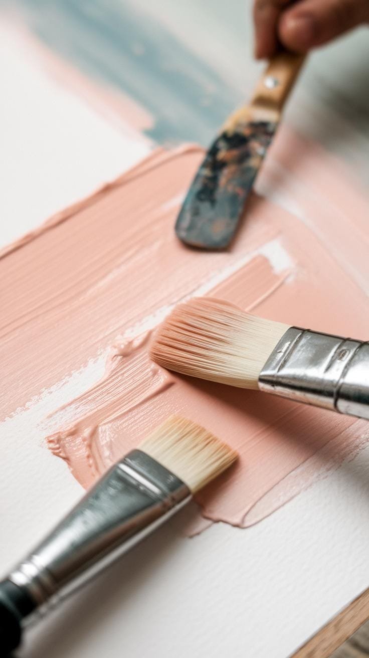A close-up view shows three paintbrushes and a palette knife resting on or being used on a white canvas with swatches of light pink and muted blue pai