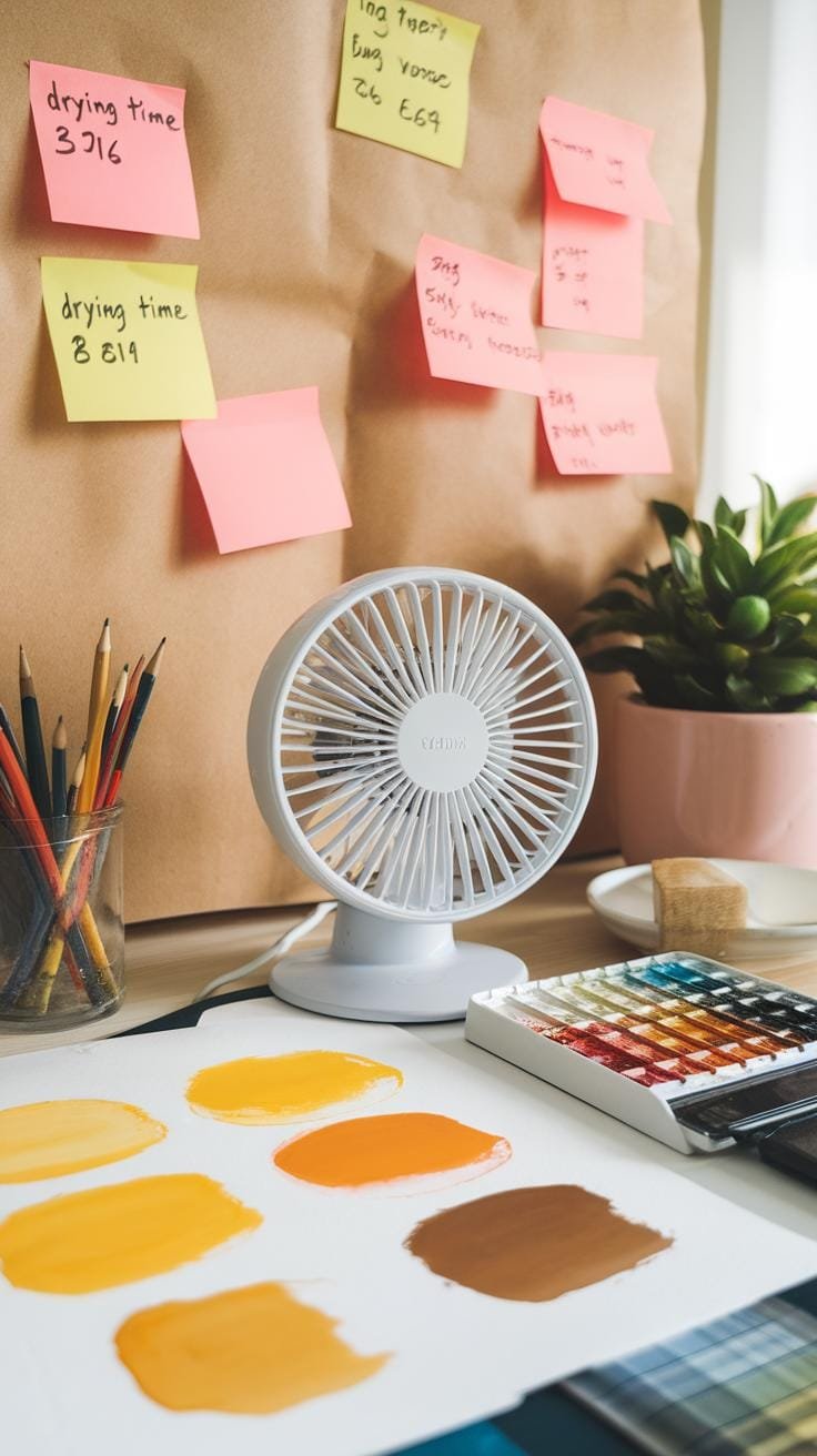 A close-up shot of a white desk fan sitting on a white desk next to a white paper with swatches of yellow, orange, and brown paint. In the background,