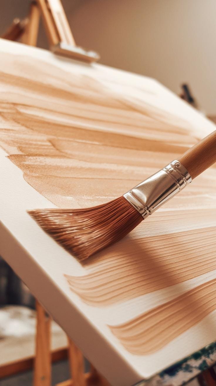 A close-up view shows a flat-tipped paintbrush applying light brown paint in horizontal strokes across a white canvas that rests on a wooden easel, wi