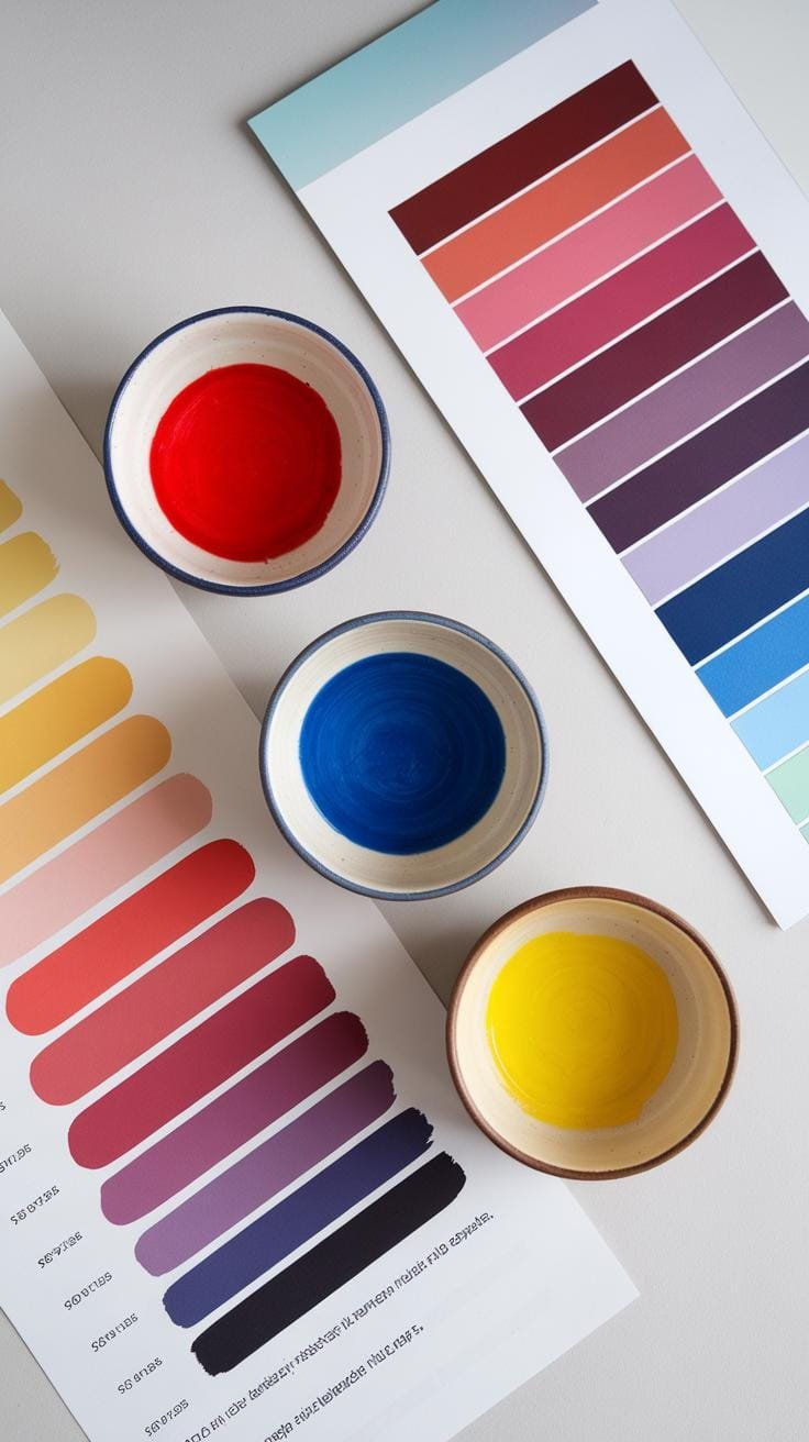 Three small bowls of vibrant primary colors – red, blue, and yellow – are arranged on a white surface next to two color swatch charts displaying vario