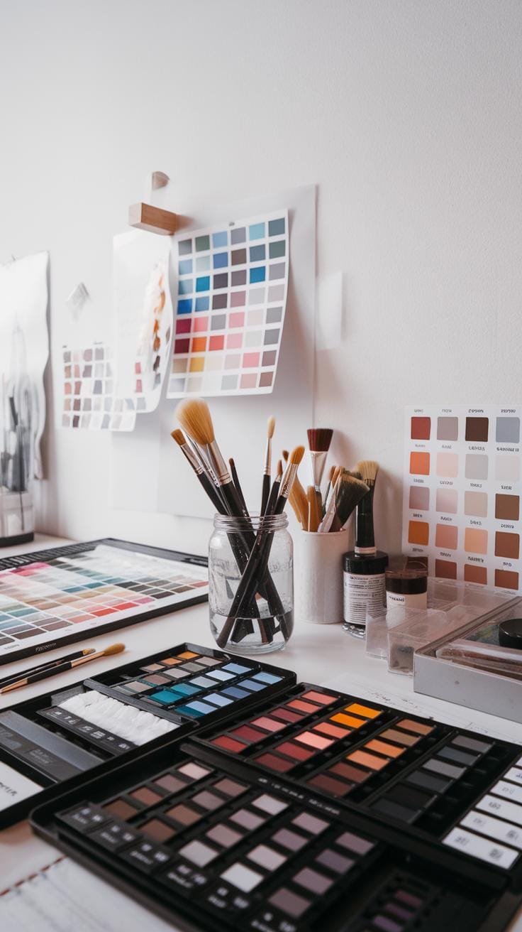 A white desk is neatly organized with various art and design tools, including multiple palettes of eyeshadow or paint, jars of paintbrushes, color swa