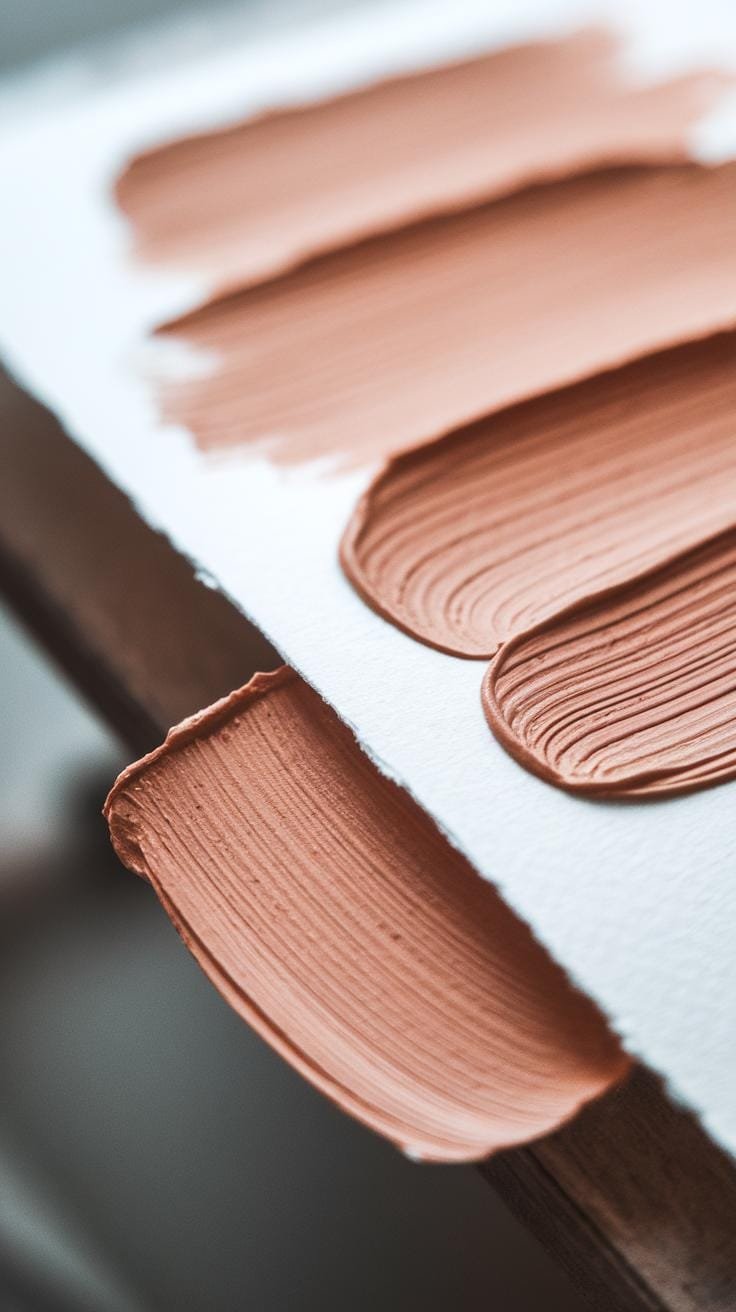 Five swatches of liquid foundation or concealer in varying shades of light to medium beige are streaked diagonally across a white surface, with a blur