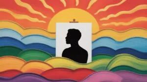 A silhouette of a man's head in profile on a white canvas, positioned centrally against a vibrant, colorful, and wavy landscape with a rising sun.