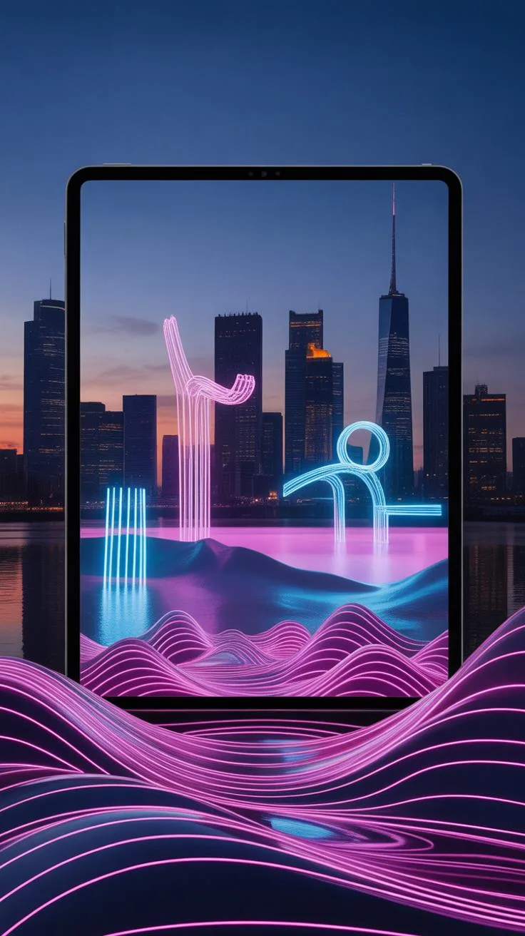 A black tablet displays a neon-lit landscape with two abstract figures, set against a blurred city skyline at dusk, with pink and blue neon waves in t
