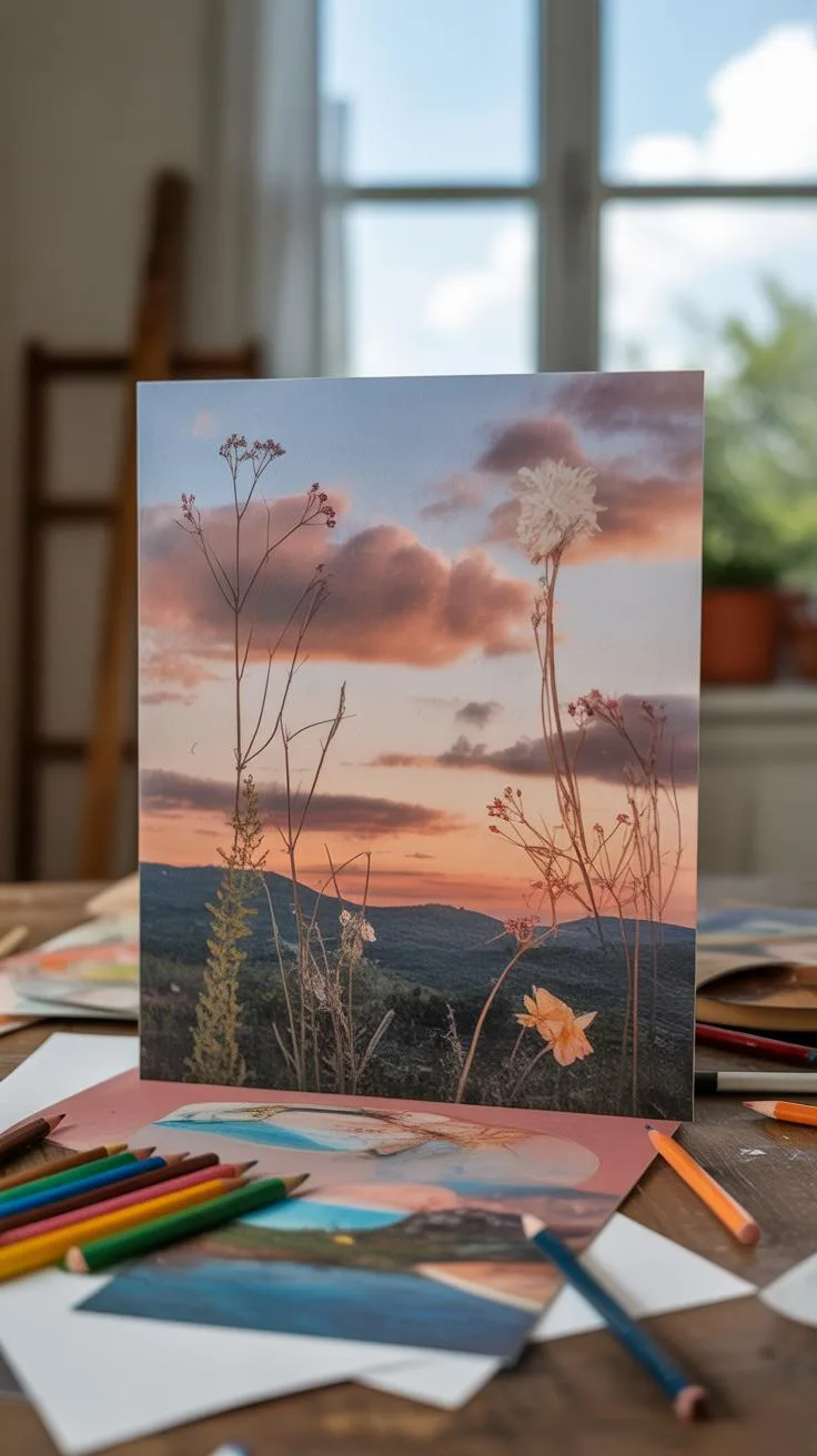 A greeting card with a sunset landscape design stands upright on a rustic wooden table, surrounded by colored pencils, smaller art prints, and sketche