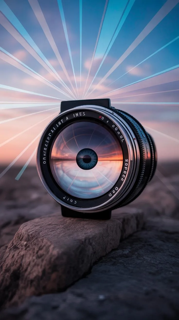 A vintage camera lens stands upright on a textured rock, reflecting a vibrant sunset and sky within its glass, with light rays radiating from the cent
