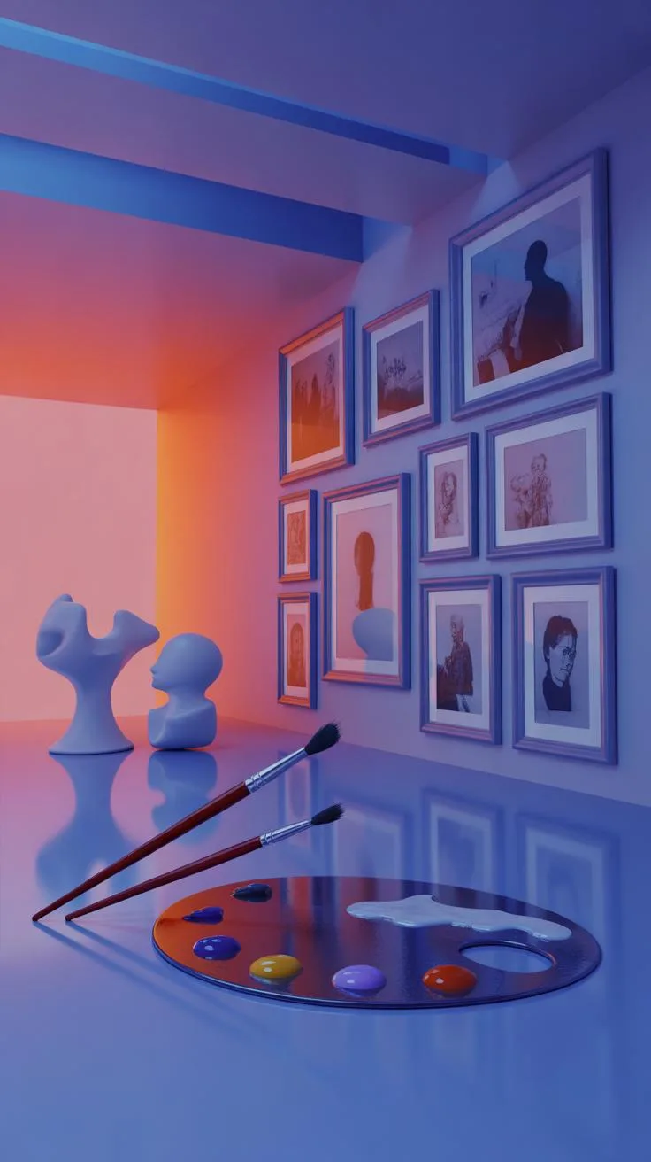 A stylized art studio bathed in purple and orange light features a white palette with colorful paints, two paintbrushes, and two abstract white sculpt