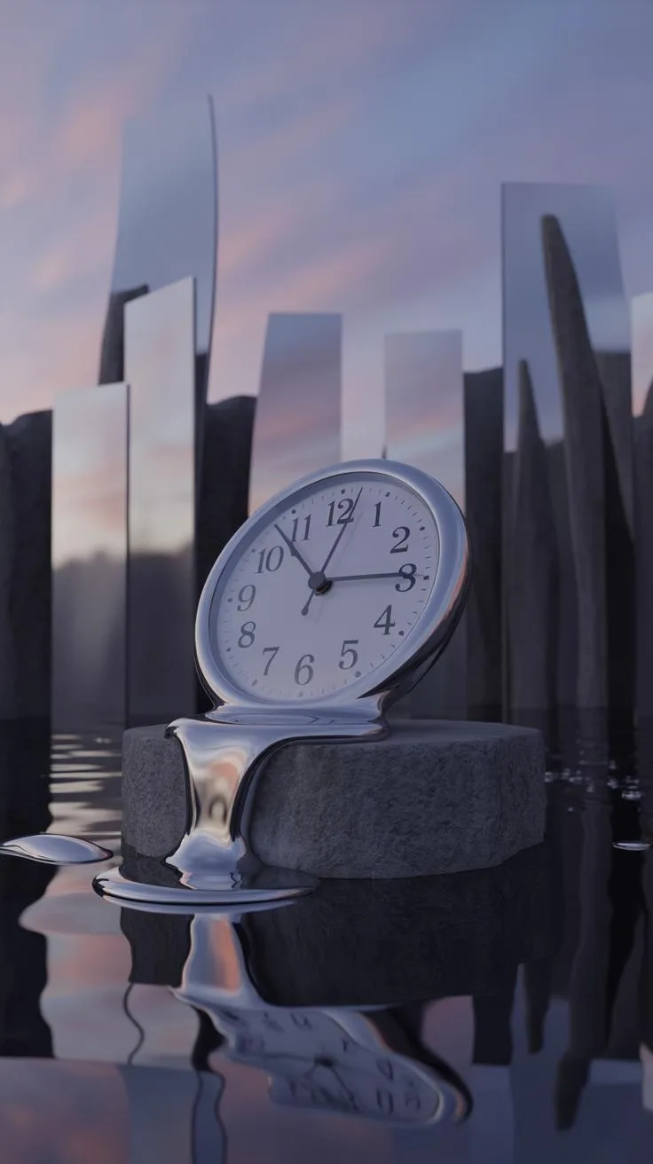 A surreal image featuring a melting pocket watch with liquid silver flowing from its base, resting on a dark, rough stone in the middle of calm water,