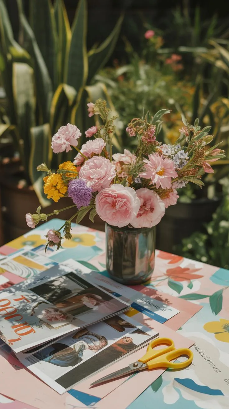 A colorful bouquet of various flowers sits in a metallic vase on a patterned outdoor table next to open magazines and yellow-handled scissors, with lu