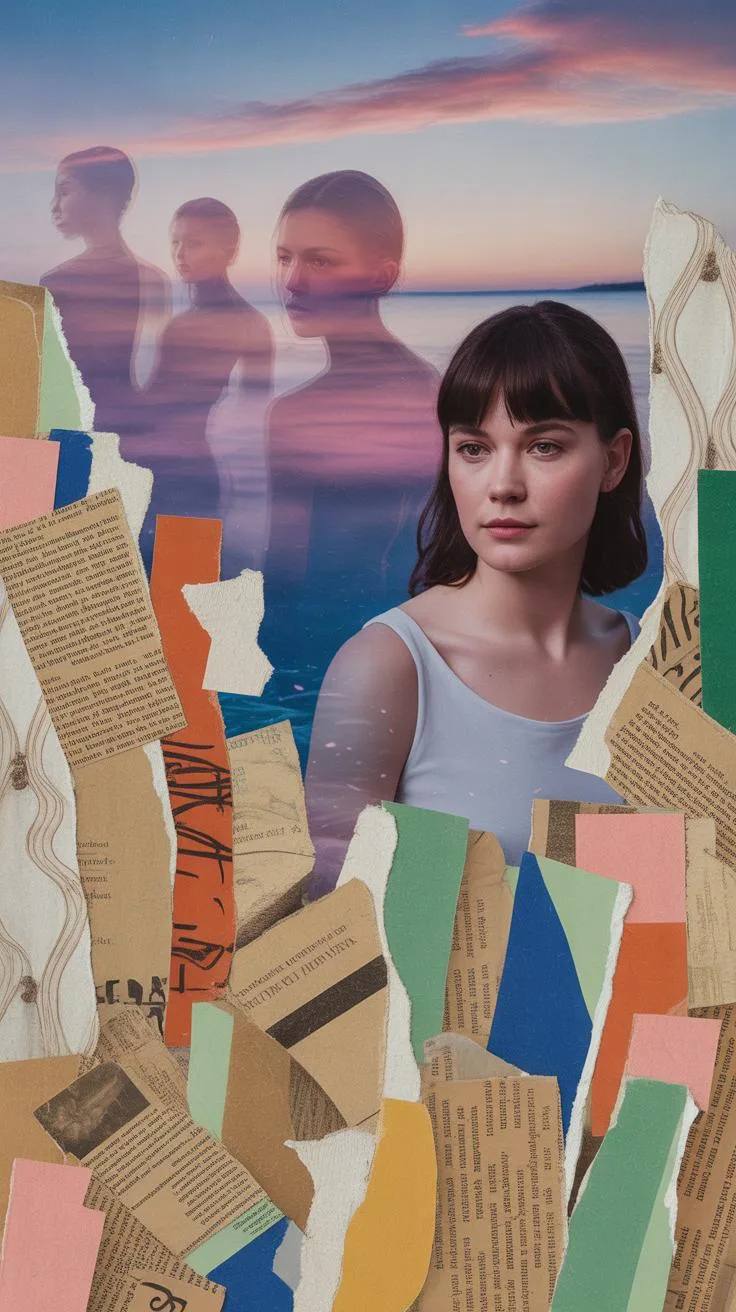 A collage artwork featuring a young woman with dark hair looking to the right, in front of a layered background of a sunset ocean and three translucen