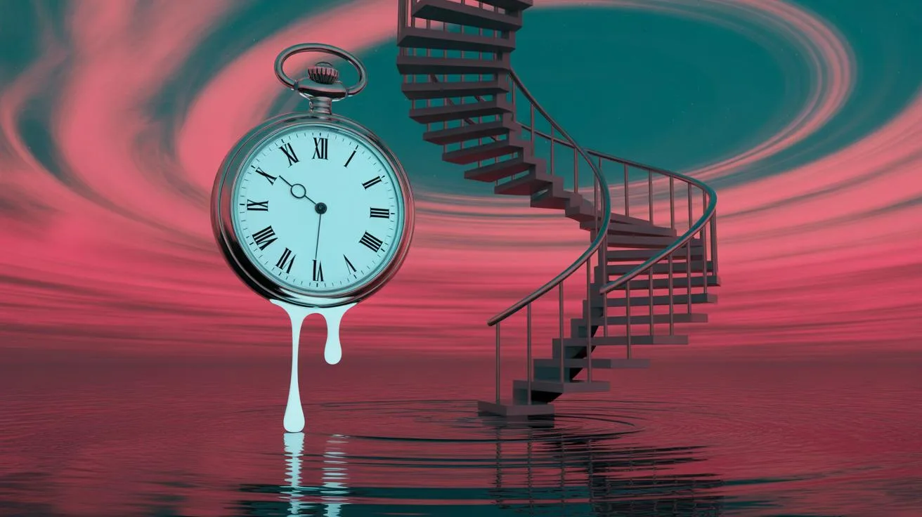 A surreal digital artwork depicts a melting pocket watch suspended over water, next to a tall spiral staircase that ascends into a swirling pink and t