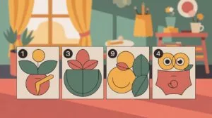 Four colorful, stylized cards with numbers 1, 3, 9, and 4, depicting plant-like figures, are arranged in a row in front of a subtly blurred indoor bac