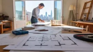 A man in a light blue shirt stands at a large table drawing on a blueprint, seen from a low angle across other blueprints and drafting tools in a brig