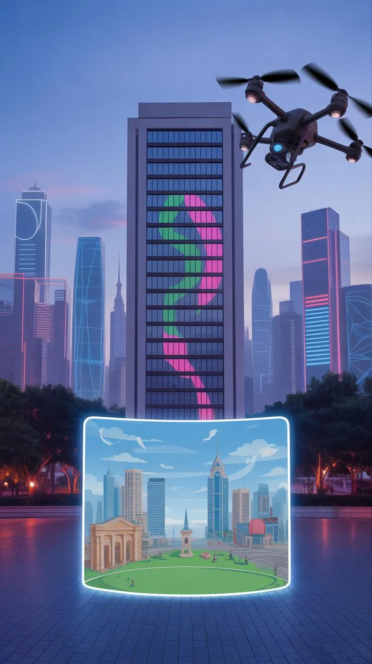 A nighttime urban landscape features a tall building with a glowing green and pink question mark, a drone in the upper right, and a glowing holographi