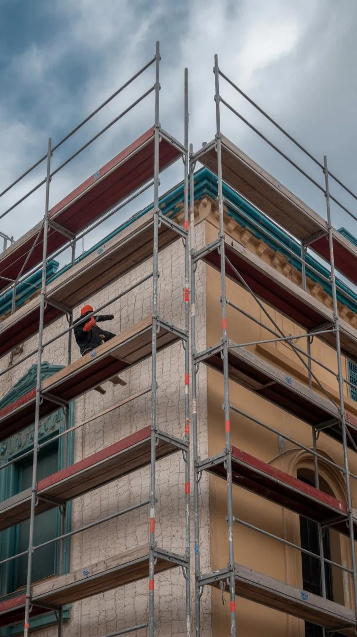 A multi-story building facade is covered with scaffolding on its exterior, featuring beige and light yellow walls with decorative blue and red trim un