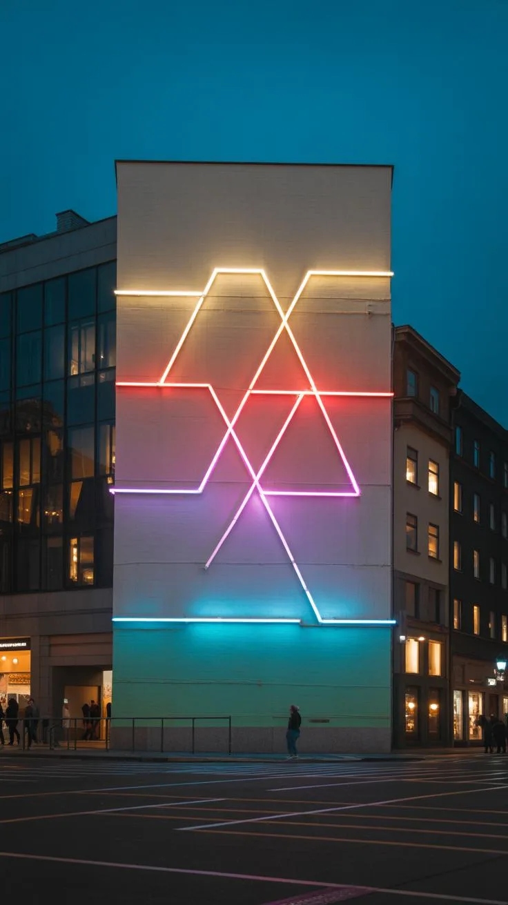 A nighttime street view of a tall, light-colored building with a large neon art installation featuring interconnected geometric shapes in various colo