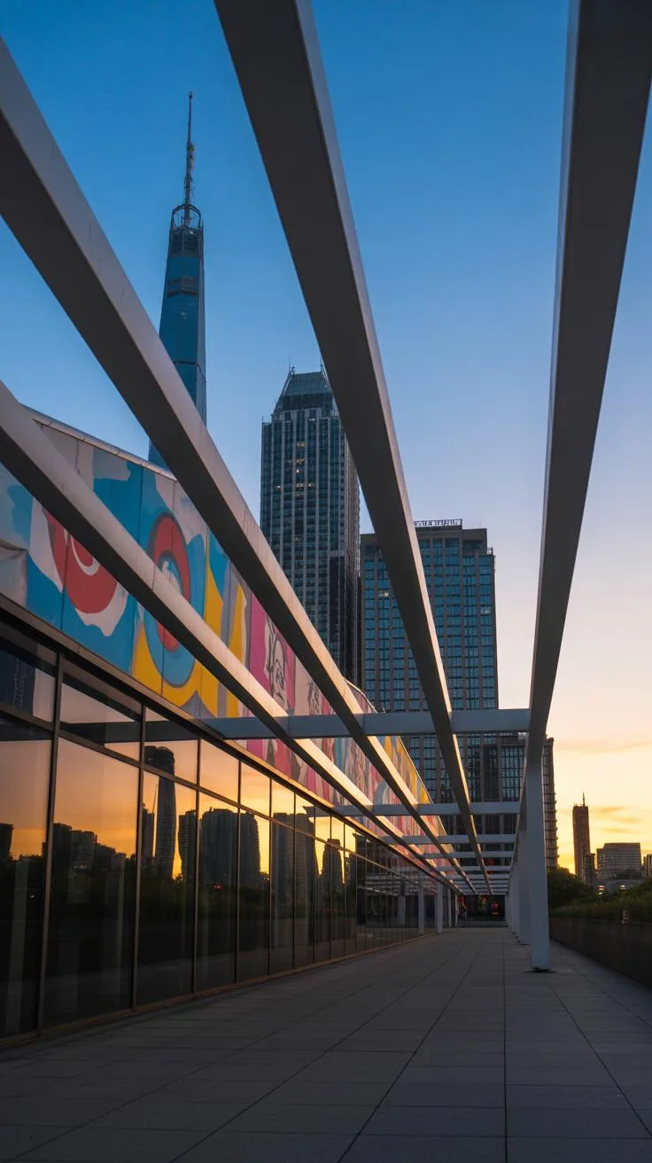 A modern building with a colorful mural reflects the orange sky at sunset, with a path leading towards tall skyscrapers including one with a spire, fr