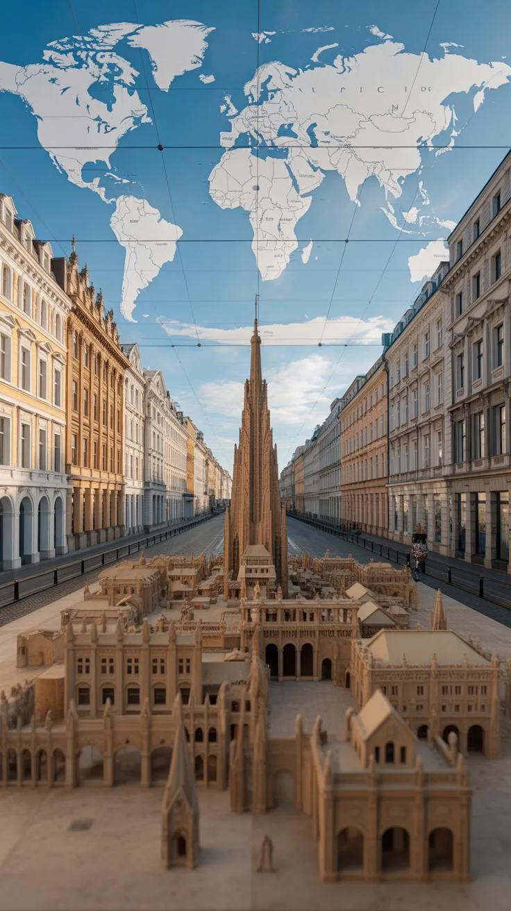 A long-shot, slightly wide-angle digital artwork shows a sand-colored miniature city with a very tall central spired building, flanked on both sides b