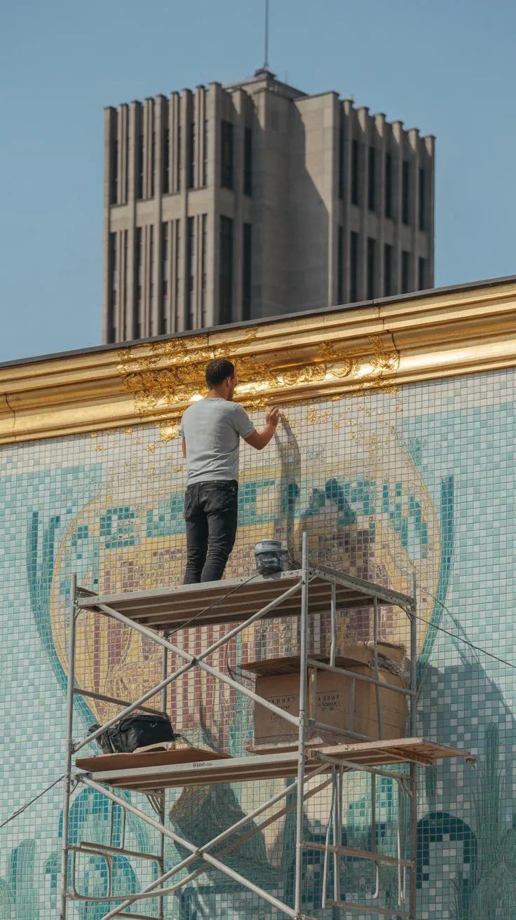 A man stands on metal scaffolding, carefully working on a large, intricately tiled mural with gold trim. In the background, a tall, Brutalist-style co