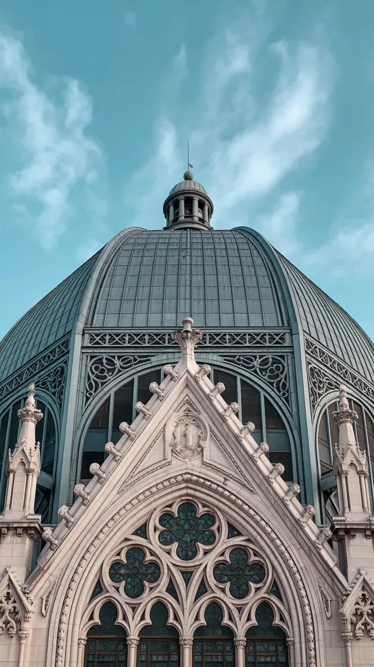 A close-up, low-angle view captures the intricate details of a large, ornate building's dome and a gothic-style facade beneath a partly cloudy blue sk