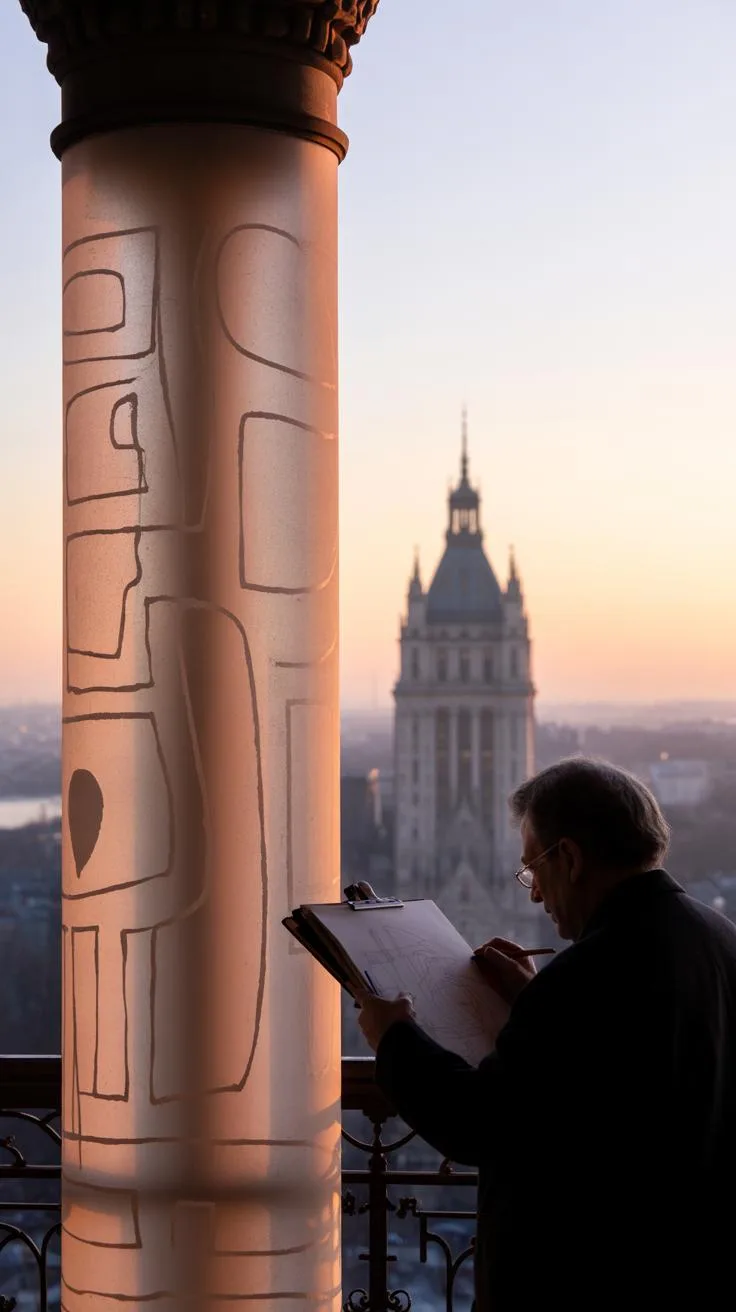 A man stands silhouetted against a sunset sky, sketching on a pad while a large column with abstract black line art stands prominently in the foregrou