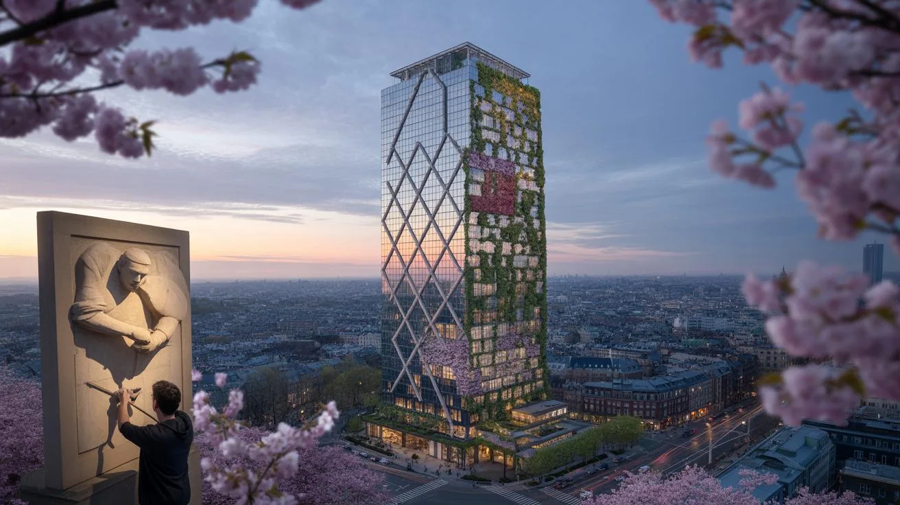 A modern, angular skyscraper with green facades stands against a dusk sky, with pink cherry blossoms framing the foreground where a person sculpts a b
