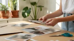 A person with light skin and a white shirt holds several black and white photographic prints over a light brown wooden table, with more prints, a pair