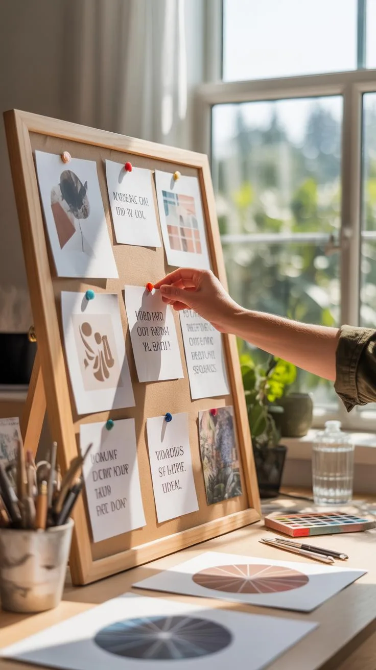 A person's hand is reaching to pin a white square note onto a wooden cork board, which is filled with other notes and small pictures, placed on a desk