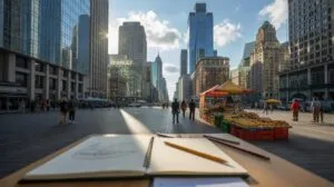 A low-angle shot shows an open sketchpad with a pencil and several colored pencils on a light brown surface in the foreground, with a wide city street