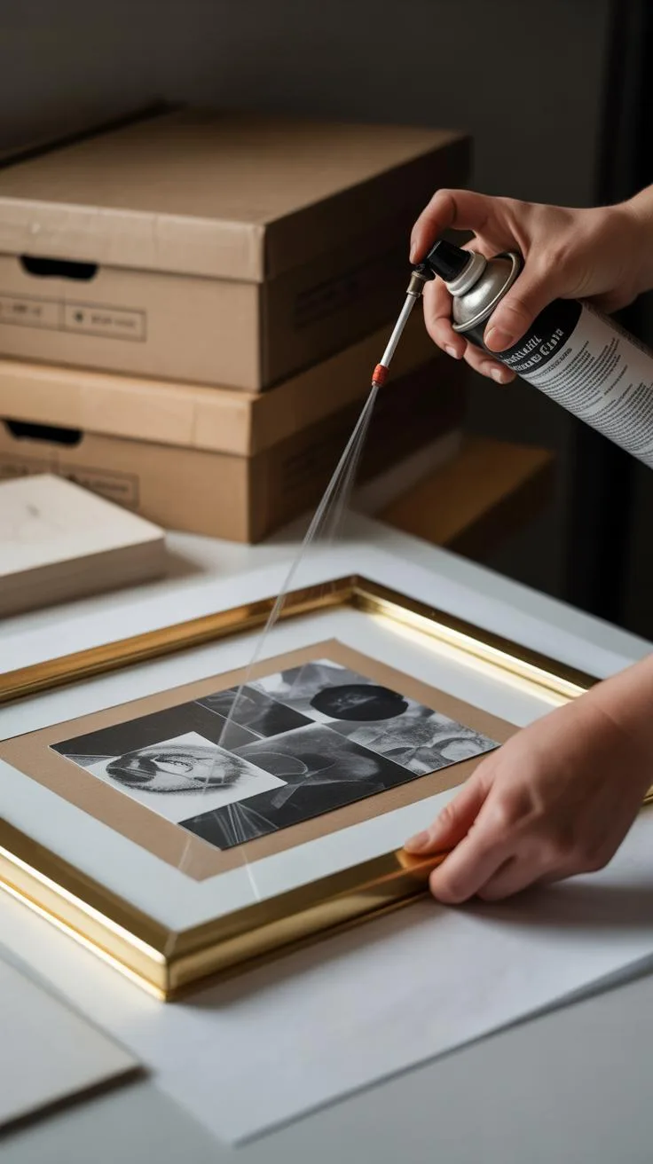 A person's hands spray an aerosol can with a long nozzle onto the gold frame of a picture, which contains a collage of black and white images on a bro