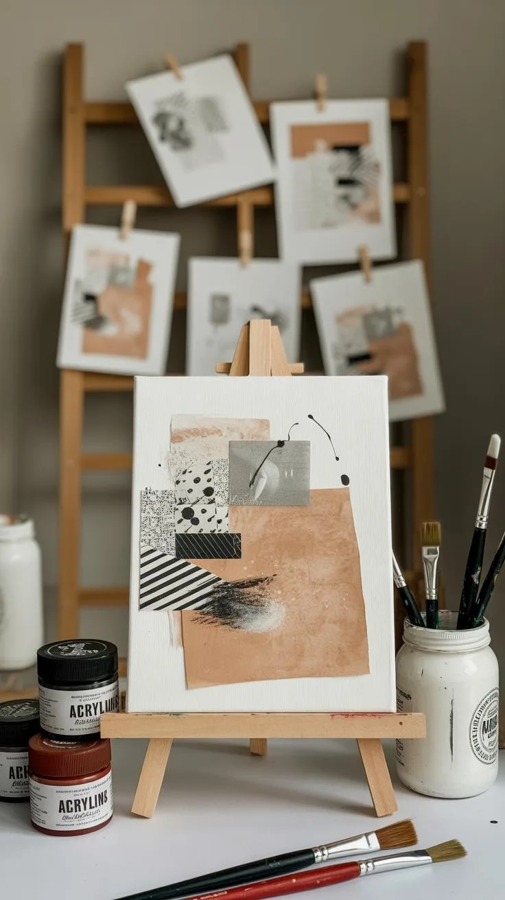 A close-up shot of a contemporary abstract painting on a mini easel, with art supplies and a wooden ladder displaying more artworks in the background.