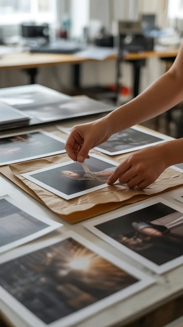 A person's hands are carefully arranging several printed photographs, some in black and white, on a light brown paper surface on a white table in a br