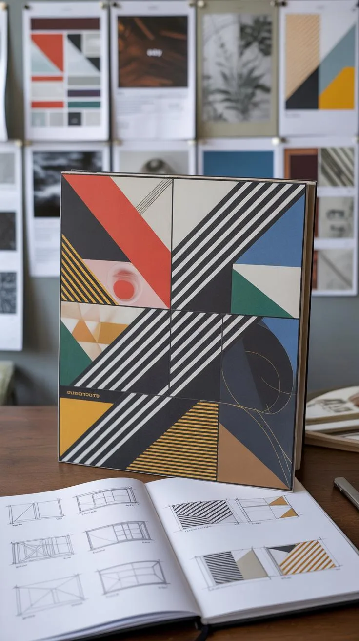 A colorful geometric art piece featuring abstract shapes and patterns sits on a wooden desk, with an open sketchbook displaying floor plans in the for