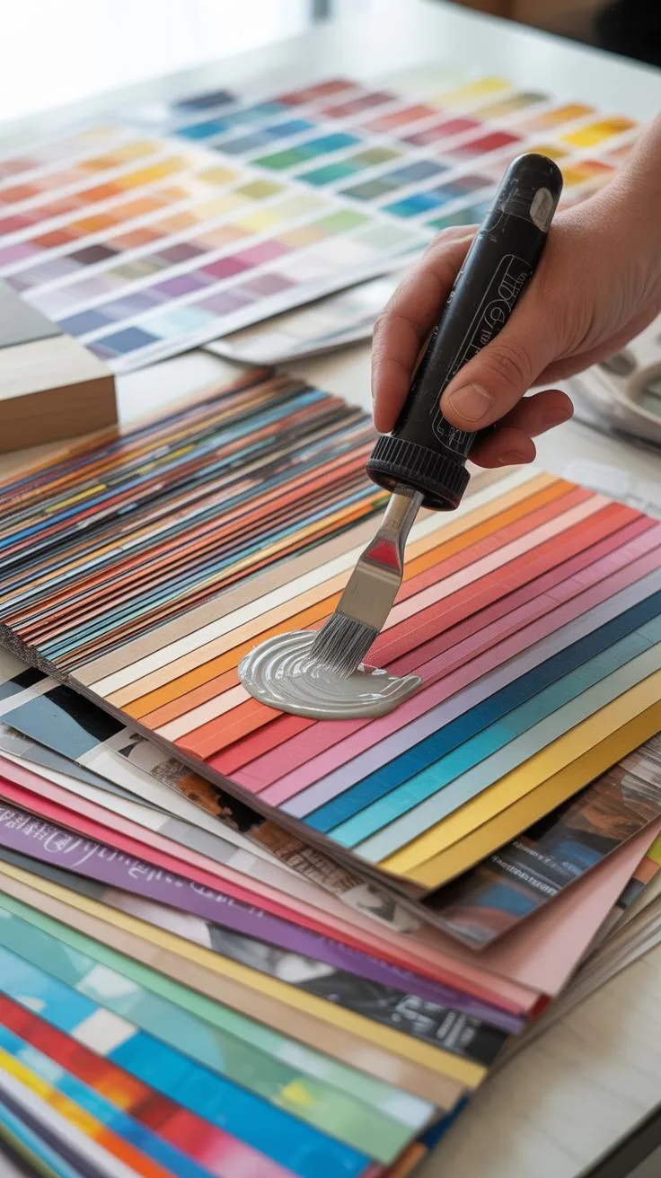 A person's hand holds a small painting knife, mixing light gray paint on a fanned-out collection of colorful paper swatches.