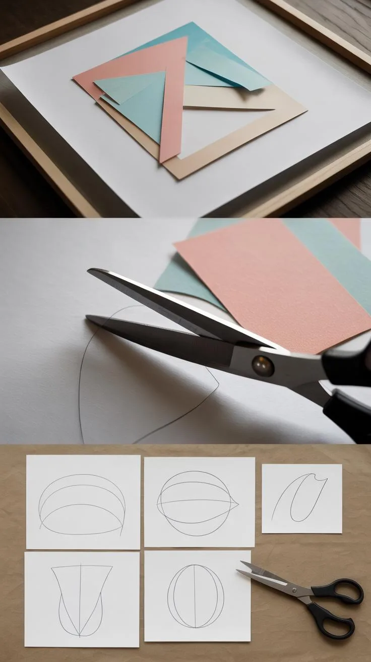 A three-panel image showing the steps for a paper craft project: first, a wooden frame with a white mat and geometric paper shapes in pastel pink and
