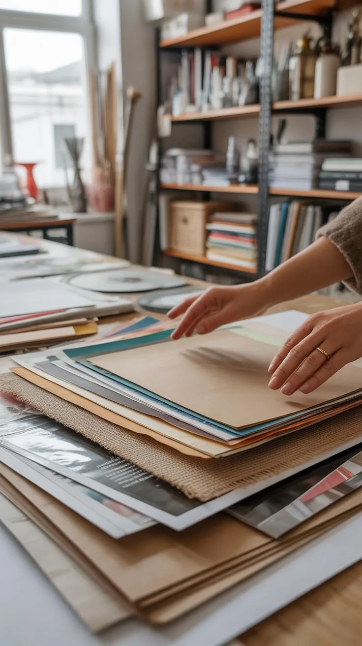 A person's hands are sorting through a stack of various paper sheets and art prints on a wooden table, with art supplies and shelves of books blurred