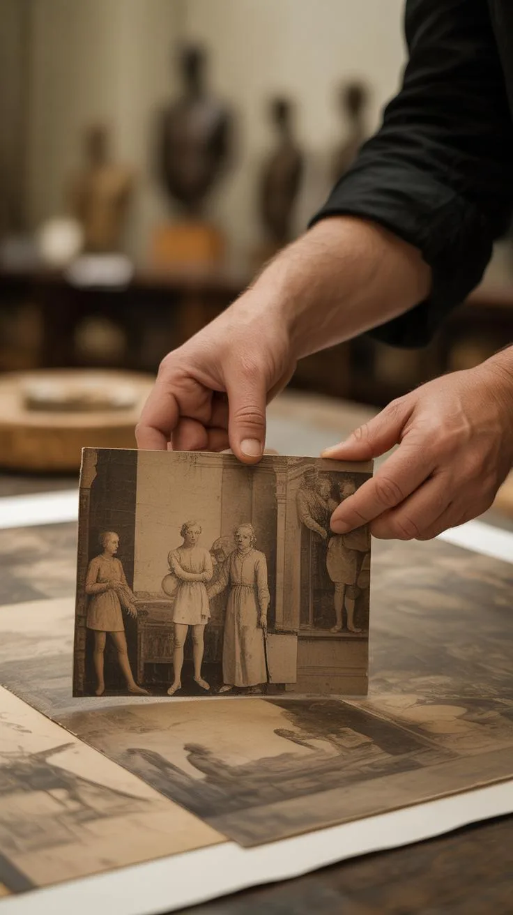 A person with light skin holds an antique sepia photograph depicting three figures in period attire, one of whom is standing next to a classical statu
