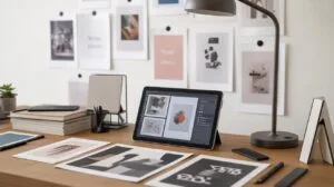 A modern home office desk with a black tablet displaying design software, surrounded by various papers, a lamp, and small office supplies.
