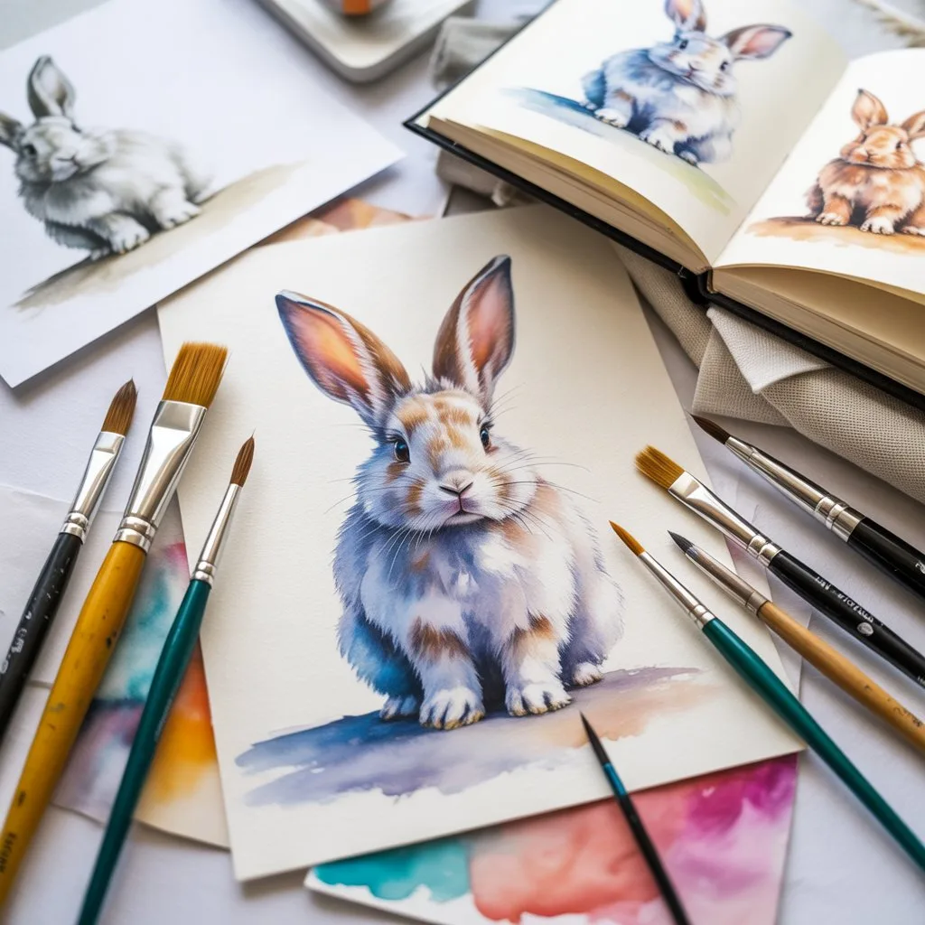 Several watercolor paintings of fluffy bunnies are scattered on a white surface alongside various paintbrushes and an open sketchpad.