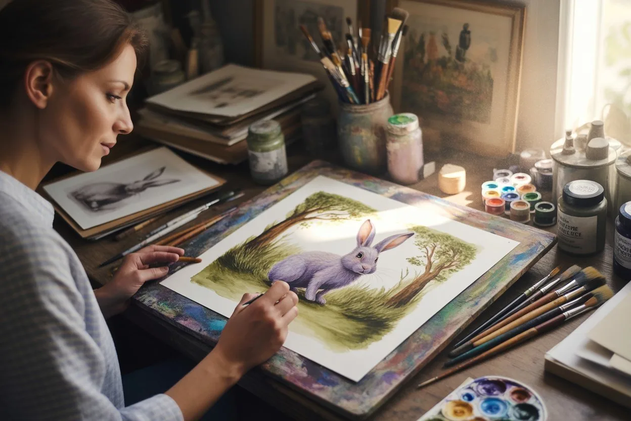 A woman with light brown hair, wearing a light grey top, sits at a wooden desk by a sunny window, concentrating on painting a watercolor image of a pu