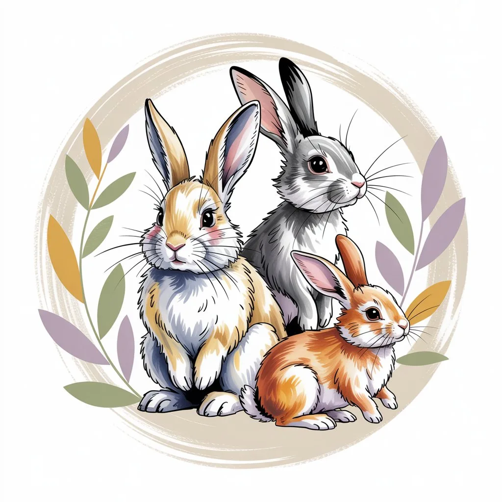 Three watercolor-style rabbits, one light brown, one gray, and one orange, are depicted within a circular frame adorned with pastel green, purple, and