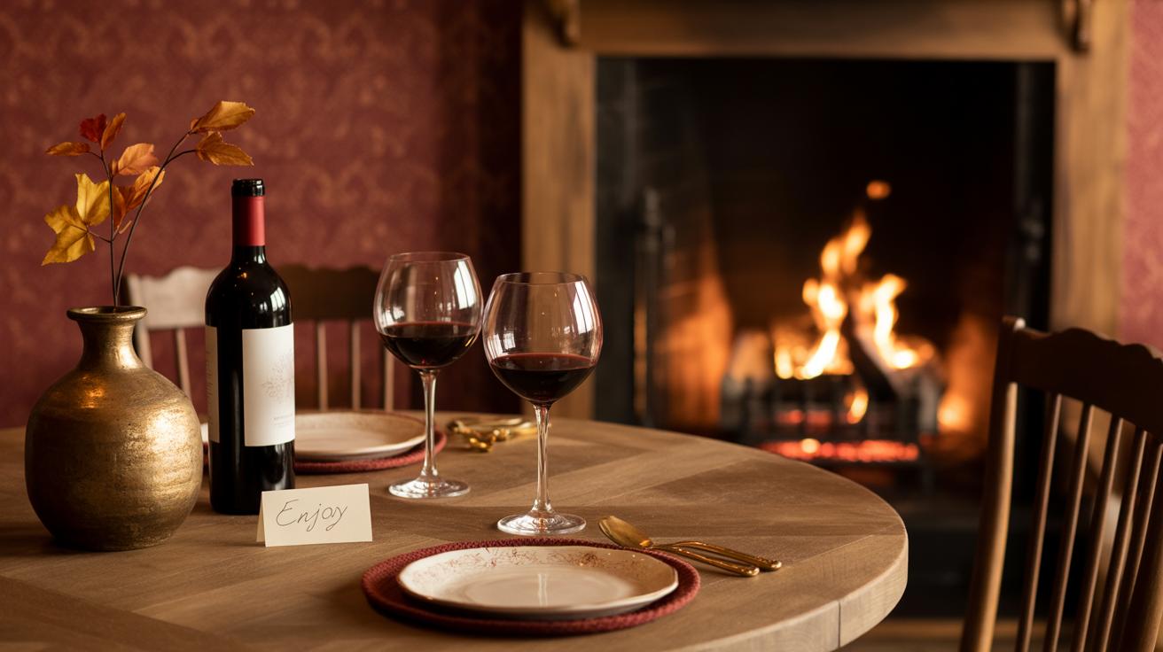 A cozy dining table set for two with wine glasses, a bottle of red wine, plates, gold cutlery, a vase with autumn leaves, and a note reading Enjoy, beside a glowing fireplace in a warmly decorated room.
