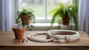 A small terracotta pot filled with colorful marbles sits on a wooden table beside two coiled white ropes. Several marbles are scattered on the table. Blurred green potted plants are visible in the background near a window.