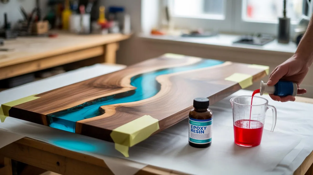 A person pours red liquid epoxy resin from a bottle into a measuring cup beside a wooden board with blue resin inlays, on a workbench in a workshop.