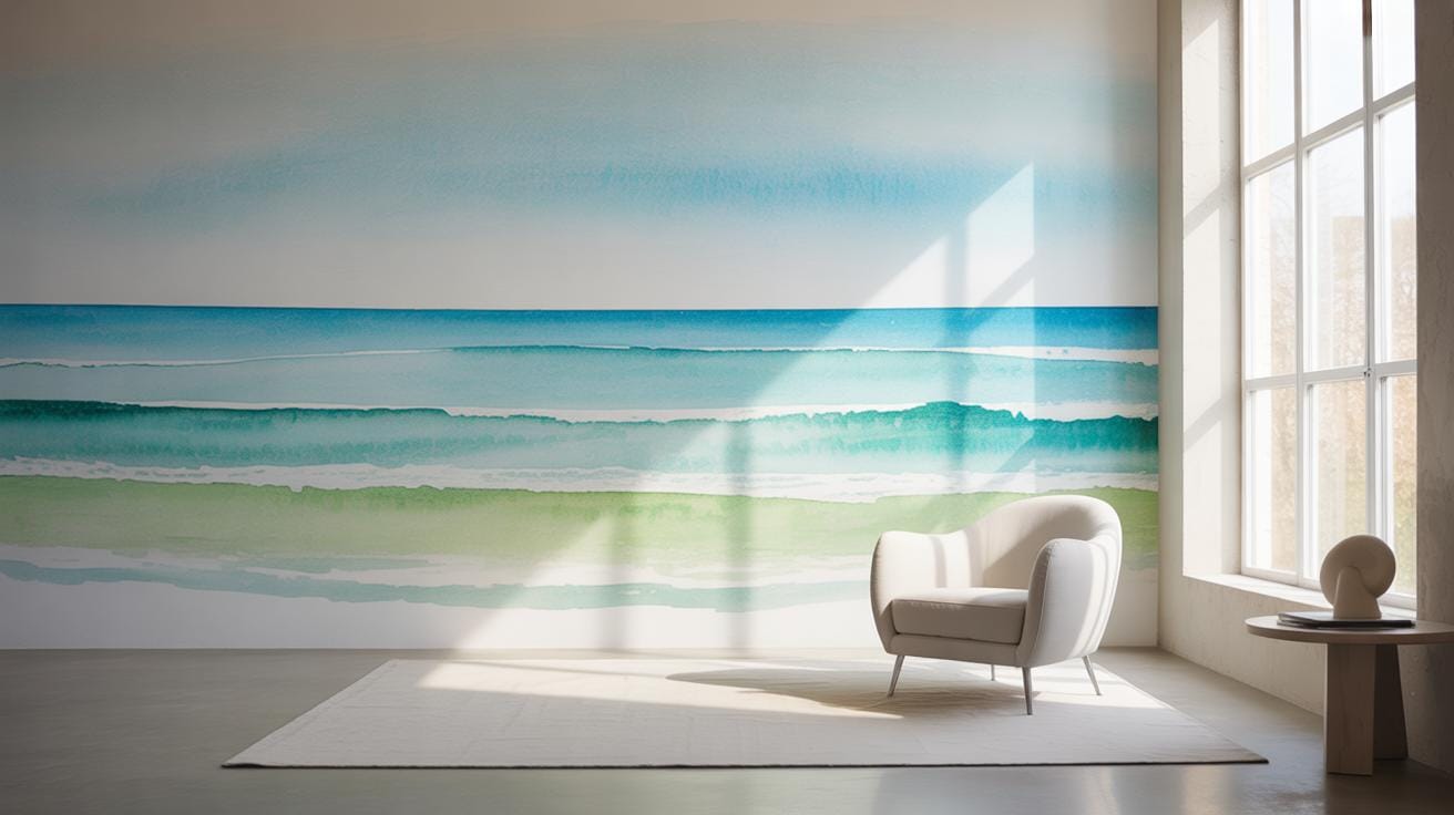 A bright, minimalist room with a large window, a white armchair, a round side table, and a wall mural depicting soft, watercolor-style ocean waves in shades of blue and green. Sunlight streams in, creating a serene atmosphere.