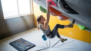 A woman climbs an indoor bouldering wall, gripping colorful holds. She wears climbing shoes and a chalk bag. A crash mat and climbing tools are on the floor below her. Sunlight shines through a nearby window.